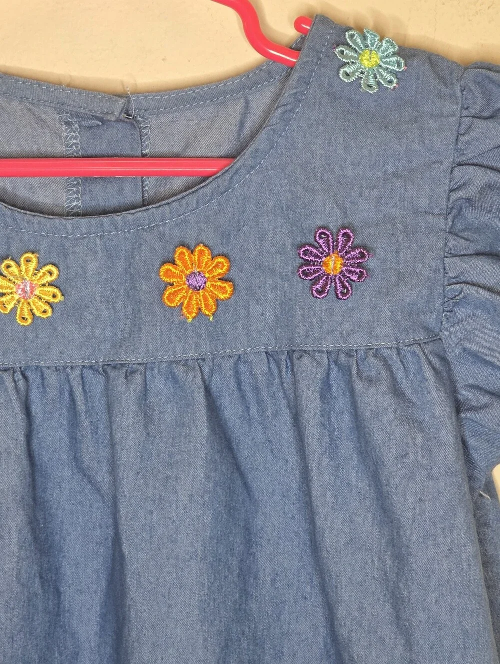 Girls Chambray Flower Embroidered Puff Sleeve Dress Blue 5-6Y Cottagecore
